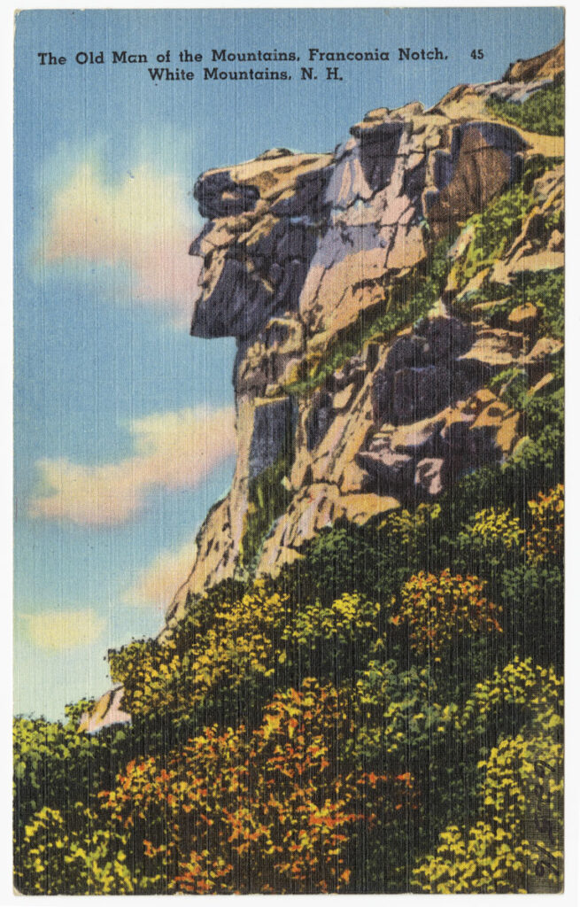 Old Man of The Mountain.
The 10,000 year old emblem of NH. One night The Old Man of The Mountain. suddenly slid from the rocky cliff and is now just slippery granite rubble. Franconia, NH. White Mountains.