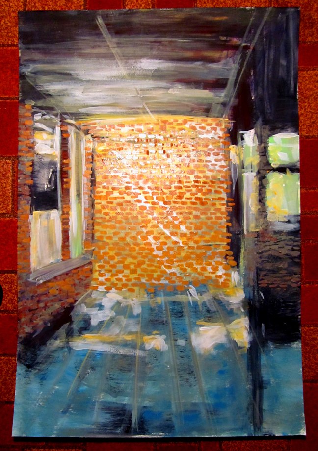 Golden Brick Wall in Empty Old Lowell MA Mill
Acrylic on Board 20 " x 30"
Copyright Mary Lee Mattison 2014
